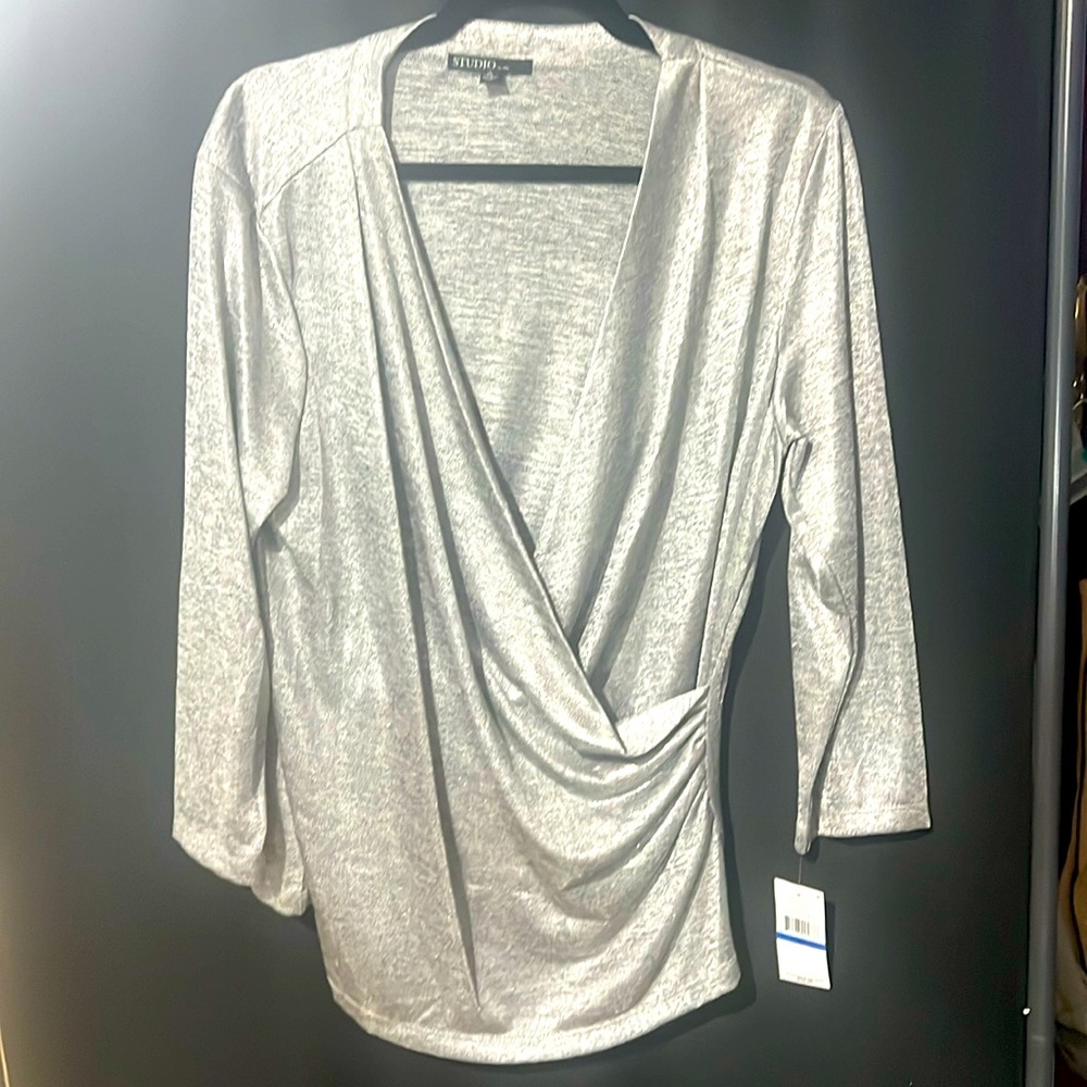 STUDIO womens blouse size XL NWT!! Silver grey shiny can be used for the holiday